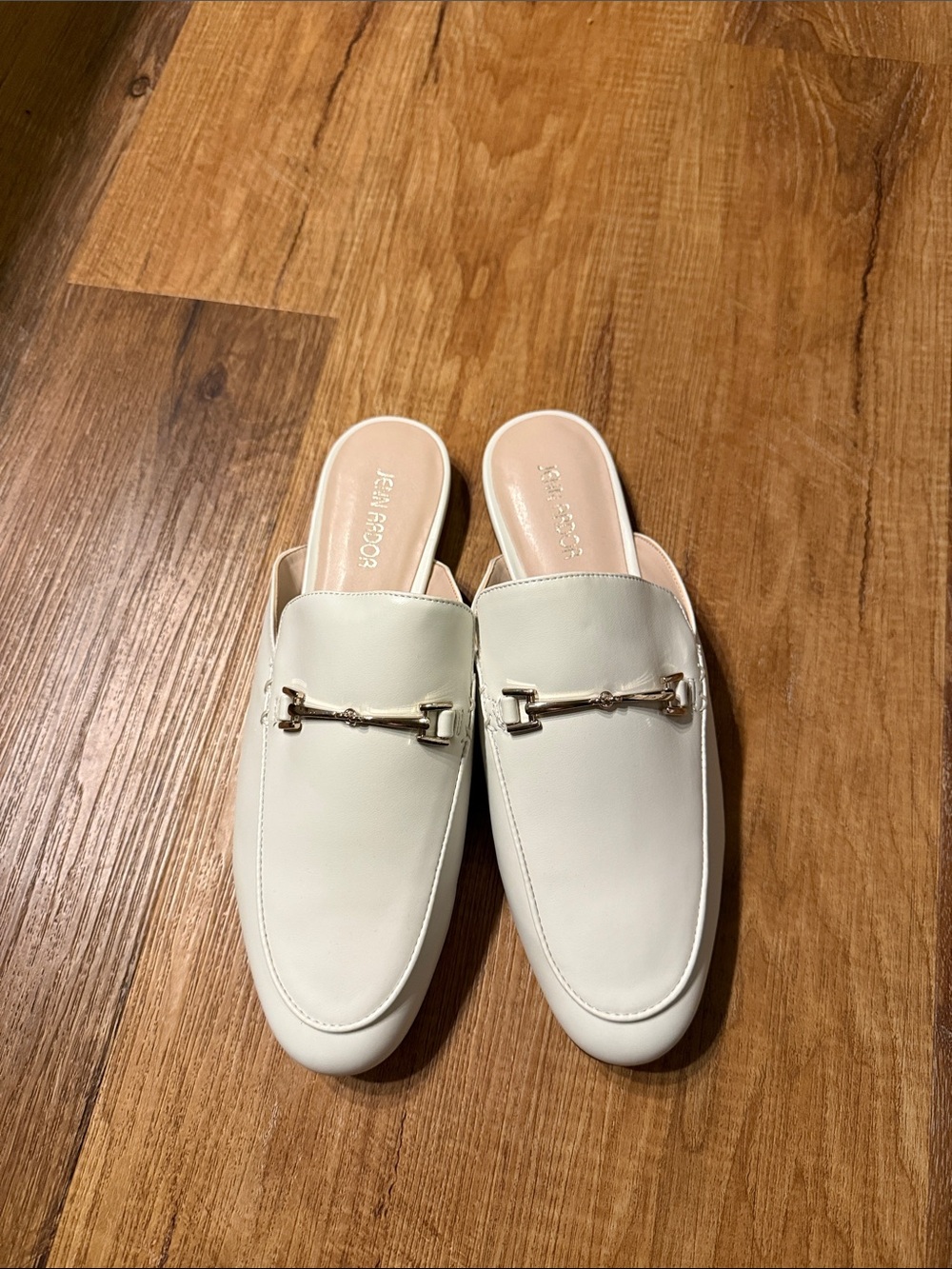 Jenn Ardor Cream Backless Mules with Gold Horsebit